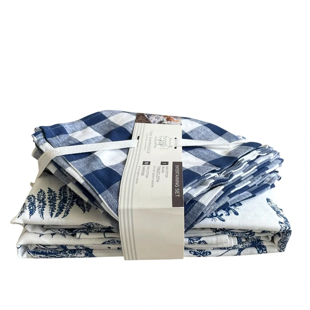 7pc Farmhouse Easter Bunny Tablecloth 60x84 Gingham Napkin Set Blue White NEW